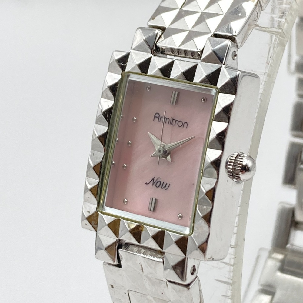 Armitron Now Womens Tank Watch 17mm Silver Tone Pink MOP Studded New Battery 7"